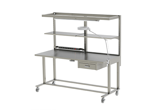 Stainless prep and pack station have adjustable height, overhead light, magnification light, CPU holder, electrical strips