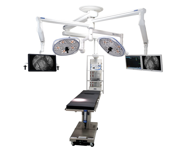 Skytron's surgical table with Freedom equipment medical booms and Aurora Four surgical LED lights